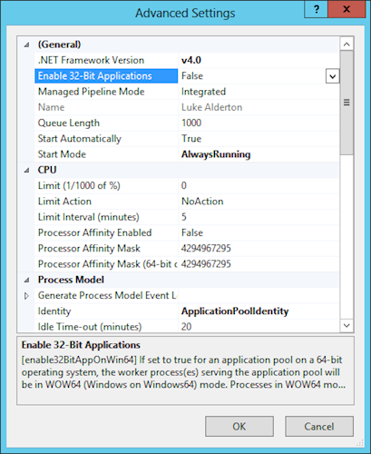 Enable 32-bit applications in IIS