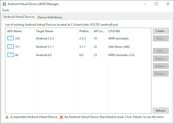 List of Android virtual devices with mixed CPUs