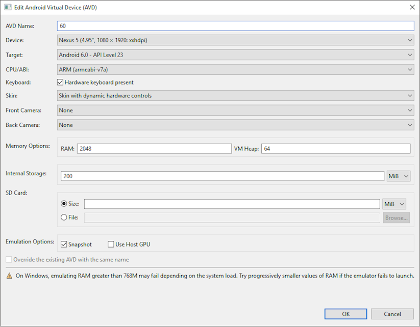 Edit a virtual Android device settings and configuration