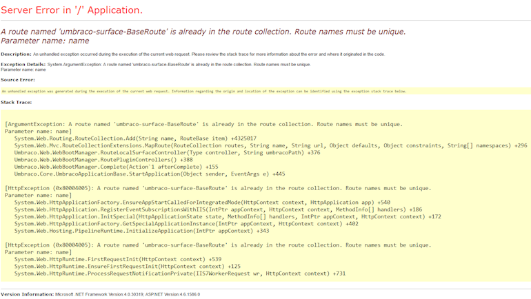 A route named 'umbraco-surface-BaseRoute' is already in the route collection
