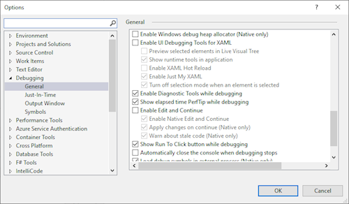 Options menu within Visual Studio